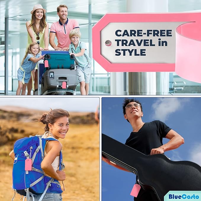 BlueCosto - Luggage Tags - Large, Pink, 5 PK - PVC Suitcase Tags w/Privacy Cover & Stainless Steel Wire Loops - Personalized Baggage Identifiers for Travel - Backpack Name Labels