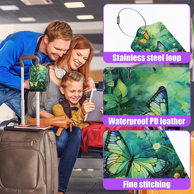3 Pack Colorful Butterfly Leaves Luggage Tags for Suitcase Flowers PU Leather Travel Luggage Tag Privacy Cover ID Label for Women Men Baggage Backpack Handbag School Bag