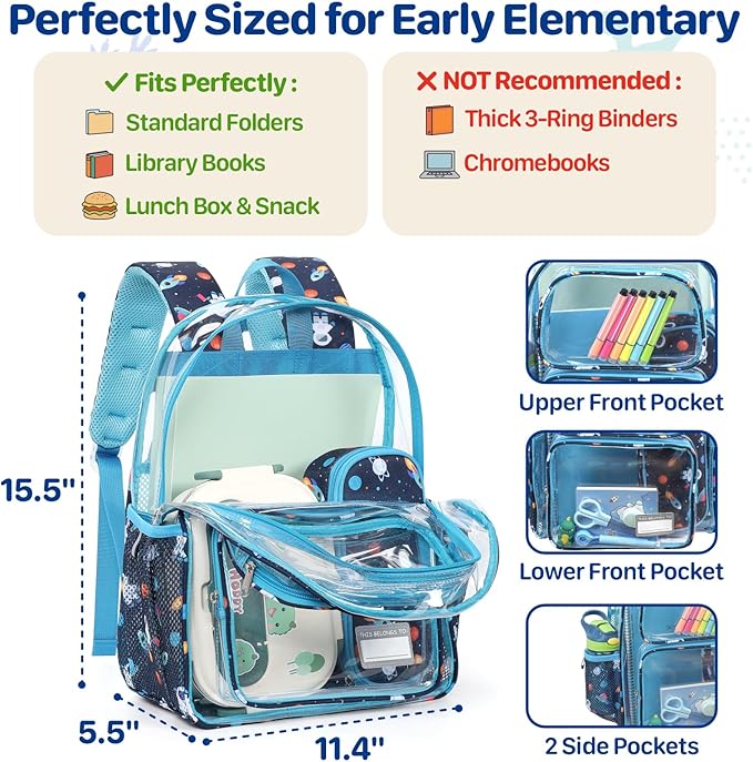 Bagseri Clear Backpack for Boys - 15 Inch Heavy Duty Kids Clear Bookbag for Kindergarten to Grade 2, Transparent School Bag with Reflective Strip, Fits Folders, Navy Space