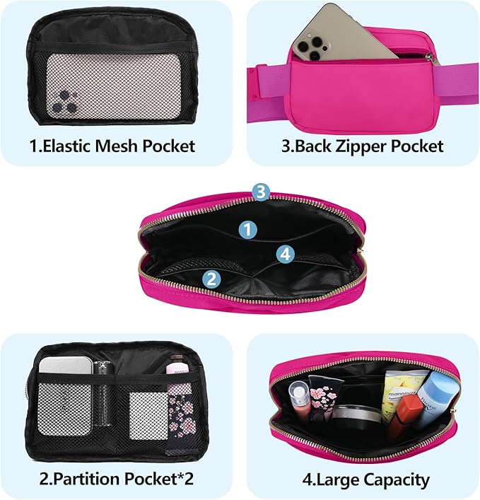 Fanny Pack Crossbody Bag for Women and Men, Belt Bag for Hiking Bum Bag with Adjustable Strap, Waist pack for Running Workout Sports Travel Black+Magenta