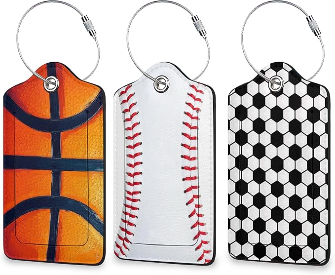 Football Basketball Baseball Luggage Tags for Suitcase 3 Pack, Leather Bag Tags Identifiers with Privacy Name Address Labels and Durable Steel Loop for Men Women Backpack