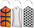 Football Basketball Baseball Luggage Tags for Suitcase 3 Pack, Leather Bag Tags Identifiers with Privacy Name Address Labels and Durable Steel Loop for Men Women Backpack