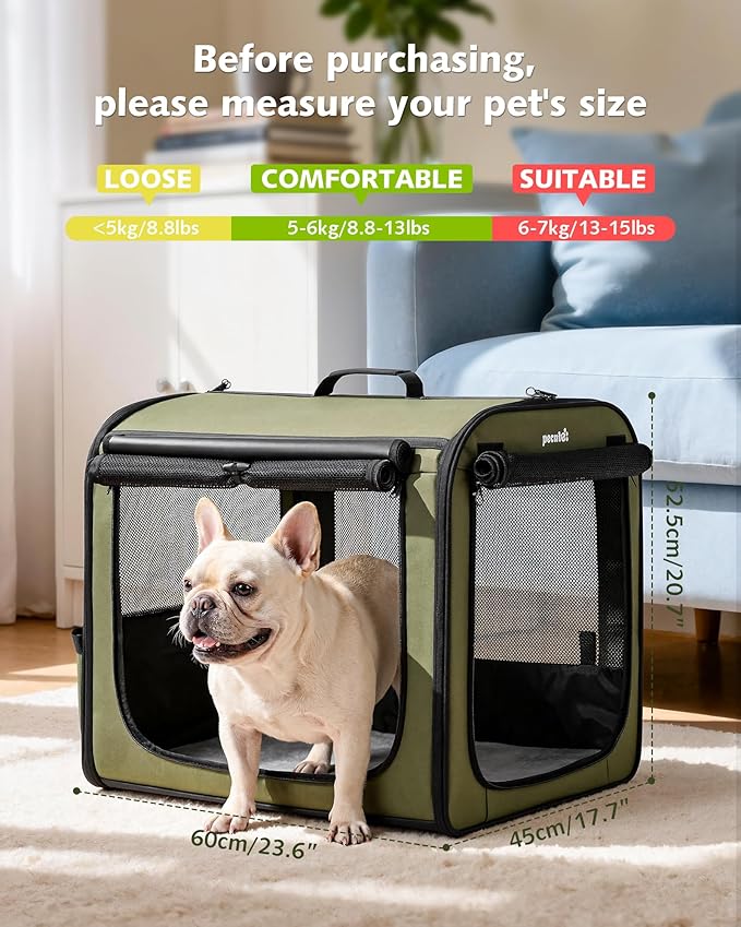 Dog Car Carrier Light Weight 24×17.7×20.5in, Dog Carrier Easy to Assemble, Dog Car Crate Portable and Breathable, Foldable Pet Carrier for Indoor and Outdoor, Dog Travel Crate with Curtain Green