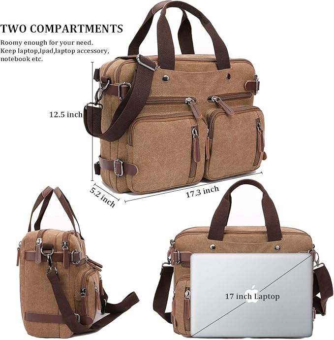 CROCOD 3 In 1 Canvas Convertible Laptop Bag for Men Women, 17.3 inch Laptop Messenger Bag Work Briefcase, Computer Shoulder Bag for Travel Business Office (17.3 Inch, Coffee) | 3 In 1, Multi-pocket
