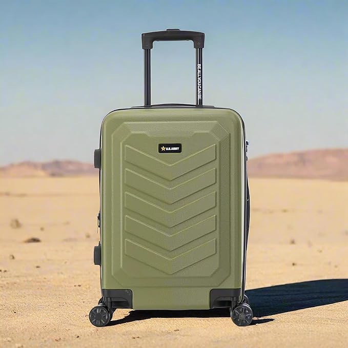 US ARMY Fox 20 inch Carry-On Hardside Luggage with Spinner Wheels | Lightweight Small Suitcase for Travel | Chevron Icon, Gel Handle, Side Studs, Retractable Trolley, Heavy Duty | Olive Drab