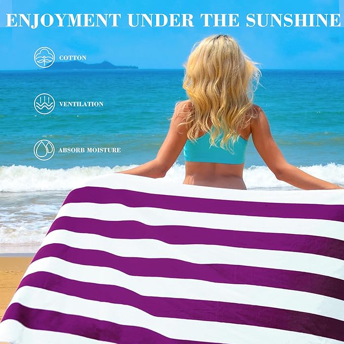 Exclusivo Mezcla 4 Pack Cotton Oversized 35x70 Inches Soft Cabana Stripe Thick Beach Towel, Super Absorbent Travel Bath Pool Towel (Purple)