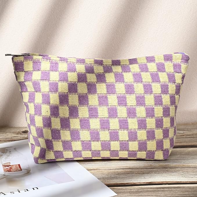 SOIDRAM 2 Pieces Makeup Bag Large Checkered Cosmetic Bag Capacity Canvas Travel Toiletry Bag Organizer Cute Makeup Brushes Aesthetic Accessories Storage Bag for Women,Checkered L Purple Light blue
