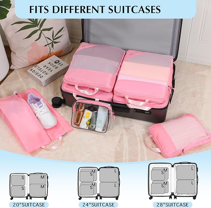 PFEYRPK Lightweight Compression Packing Cubes for Suitcases, Compressible Expandable Travel Packing Organizer with Clear Toiletries and Backpack Bag, Travel Essentials for Carry on Luggage 7 Set
