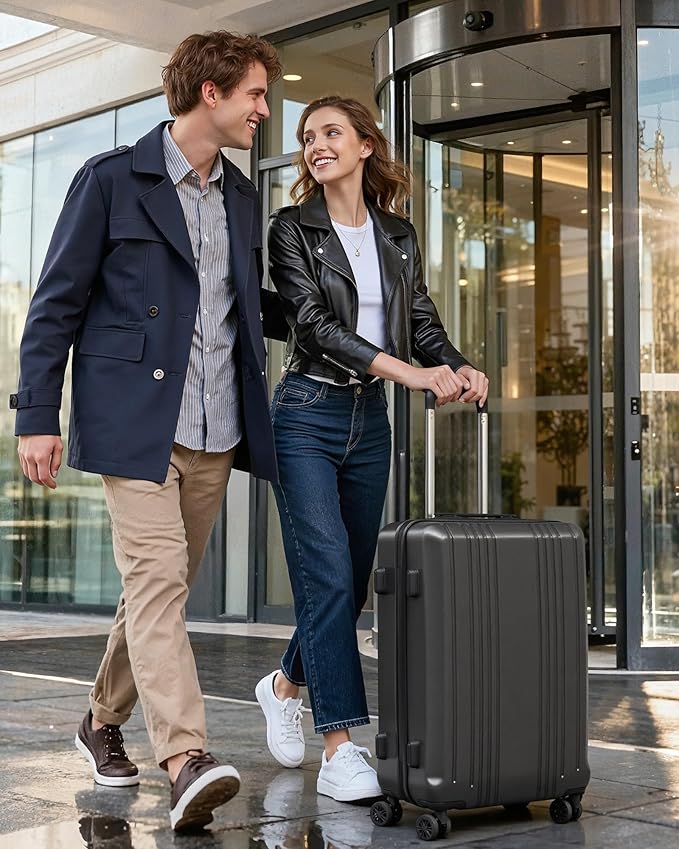 Coolife Luggage PC+ABS Hardshell Suitcase with TSA Lock, Spinner Checked Lightweight (orange, M(24IN))