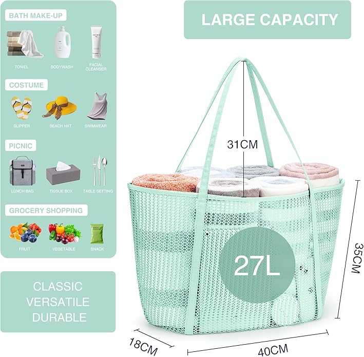 KALIDI Upgrade Version Beach Mesh Tote Bag MAX 27L Large capacity,Shoulder Bag Nylon Hobo Women Casual Foldable Beach Picnic