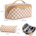 BOYATU Travel Makeup Bag Organizer Cosmetic Bag: 3 Pcs Set Make up Bags for Women with Handle - Waterproof Vegan Leather Toiletry Bag (01-G-Apricot)