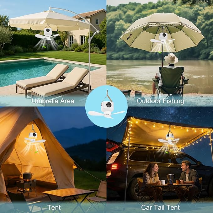 Portable Ceiling Fan with Lights Remote,USB Rechargeable Camping Fan,9.25" Wireless Tent Fan with 4 Speeds,Timer,Battery-Powered Ceiling Fan for RV,Truck,Rooftop Tent,Travel,Camping