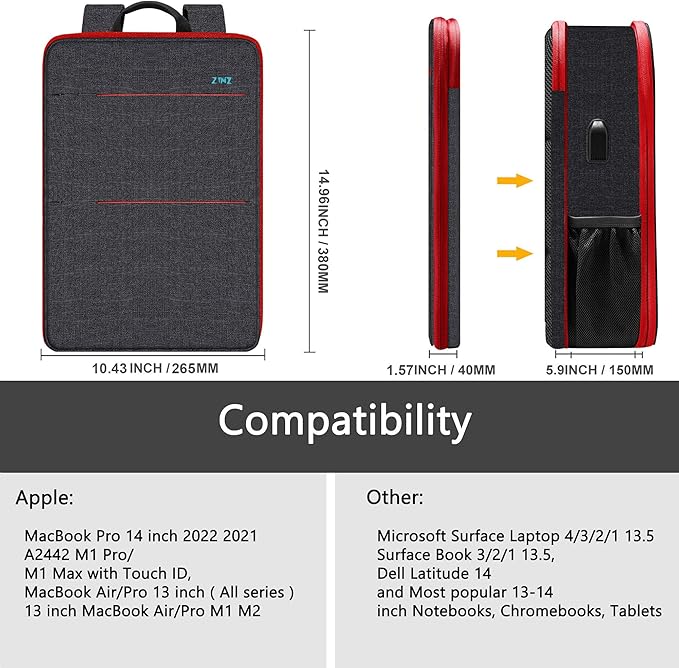 ZINZ Slim & Expandable Laptop Backpack Water Resistant Backpack Travel Backpack Compatible with MacBook Air/Pro/Neo 13-14 inch, XPS 13/14, Surface 13.5" and Most 13-14 Notebooks，B01RD01
