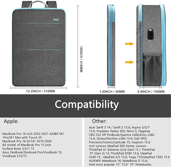 ZINZ Slim & Expandable Laptop Backpack 15 15.6 16 Inch Case, Water Resistant Travel Backpack Compatible with MacBook Pro/Neo 16" 15", Dell XPS 15 16 and Most 15" 15.6" 16" Notebooks，LG01Y02