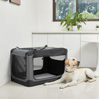 Amazon Basics 4-Door Portable Folding Soft Dog Crate, Collapsible Travel Kennel for Cat, Dog, and Small Animals, Pop Up with Fleece Mat, Water-Resistant Base, Grey, 36" x 24" x 24"