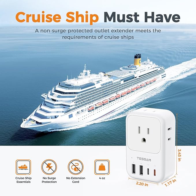 TESSAN USB C Charger Block 20W PD, Fast Charging Adapter with Foldable Plug, 1875W Power Outlet Extender(4 AC and 4 USB) for Cruise, Home, Office, Dorm Room Essentials, White