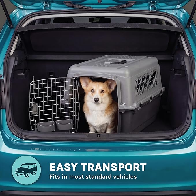 SportPet Airline Compliant MEDIUM 26.5" Travel Dog Kennel-Durable Plastic Airline Pet Carrier w/ Removable Wheels & Food Bowls, Collapsible Indoor/Outdoor Dog Kennel, Dogs up to 23"L & 15"H-Dark Gray