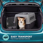 SportPet Airline Compliant MEDIUM 26.5" Travel Dog Kennel-Durable Plastic Airline Pet Carrier w/ Removable Wheels & Food Bowls, Collapsible Indoor/Outdoor Dog Kennel, Dogs up to 23"L & 15"H-Dark Gray