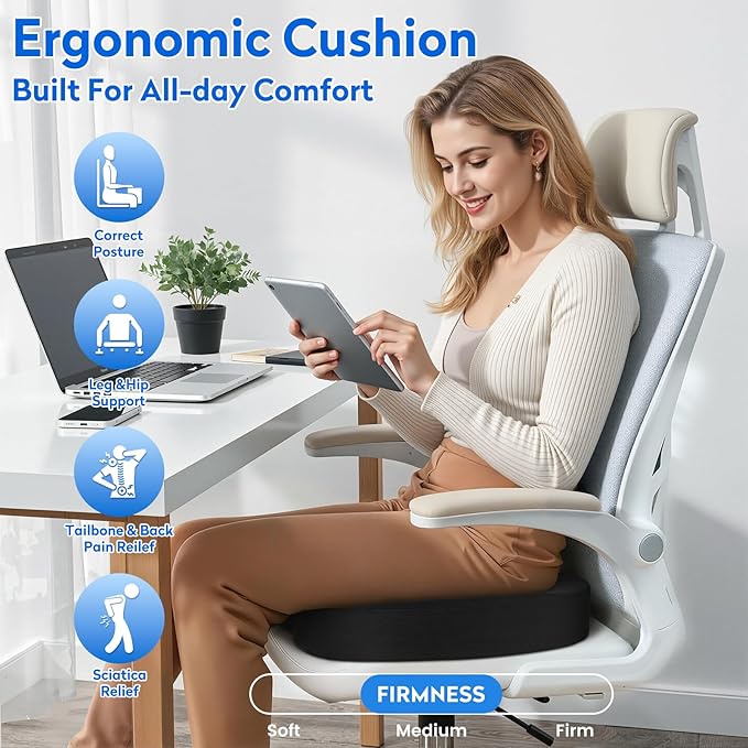 CushZone Seat Cushion, Office Chair Cushions, Car Seat Cushion, Non-Slip Sciatica & Back Coccyx Tailbone Pain Relief Chair Pad, Memory Foam Pillow for Computer Desk, Wheelchair, Driving(Black)