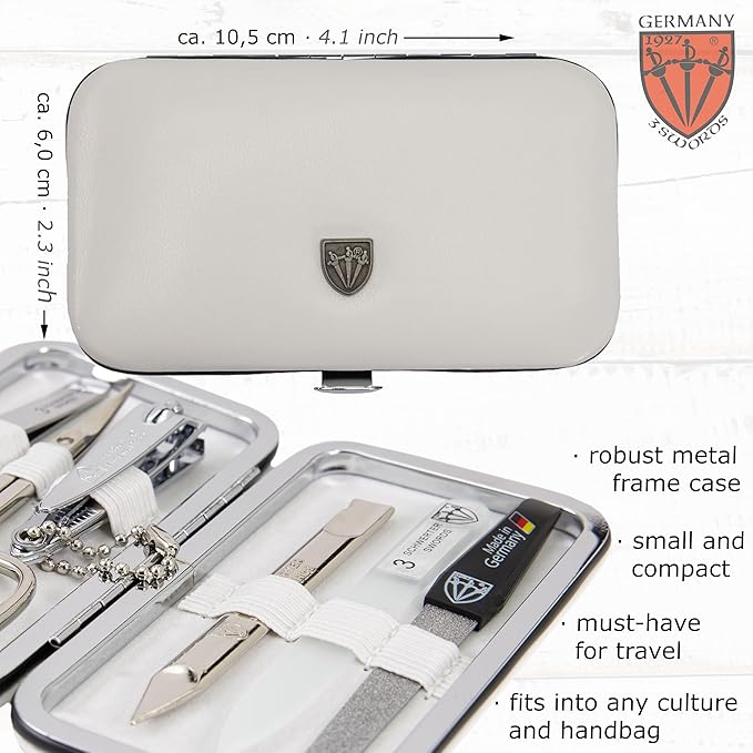 3 Swords Germany - Brand Quality 6 piece Manicure Pedicure Grooming kit Set - Scissors, Metal and Glass Nail File, Clipper, Tweezers with Synthetic Leather case - White