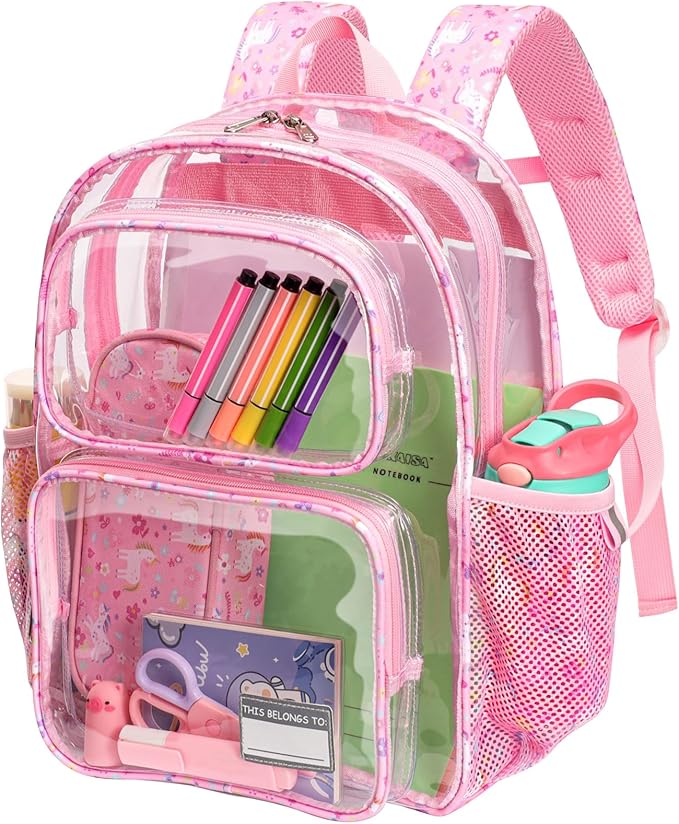 Bagseri Clear Backpack for Girls - 15 Inch Heavy Duty Kids Clear Bookbag for Kindergarten to Grade 2, Transparent School Bag with Reflective Strip, Fits Folders, Pink Unicorn