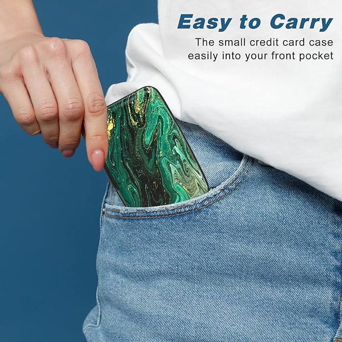 Credit Card Holder, Mini Aluminum Card Wallet RFID Blocking Slim Metal Hard Card Case for Women Men, Green Gold Marble