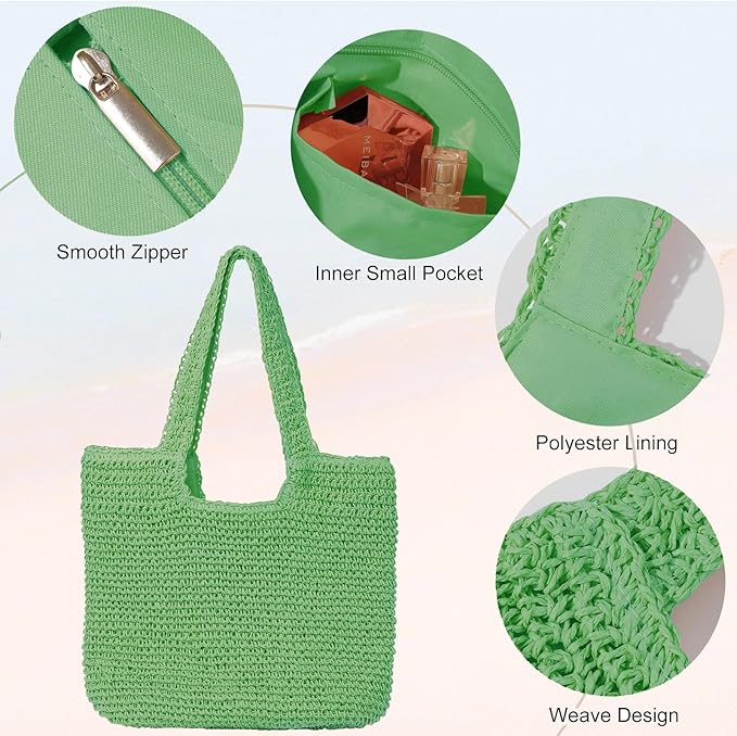 GOLDTIMO Beach Bags for Women - Summer Soft Large Woven Shoulder Purse Handbag, Beach Tote Straw Bag for Summer Vacation