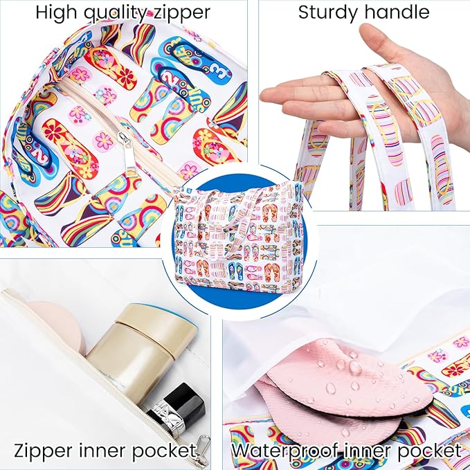 Iioscre Beach Bag for Women, Causal Hobo Pool Bags with Zipper Inner Pocket, Foldable Swim Tote Bag for Vacation Essentials