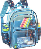 Bagseri Clear Backpack for Boys - 15 Inch Heavy Duty Kids Clear Bookbag for Kindergarten to Grade 2, Transparent School Bag with Reflective Strip, Fits Folders, Navy Space
