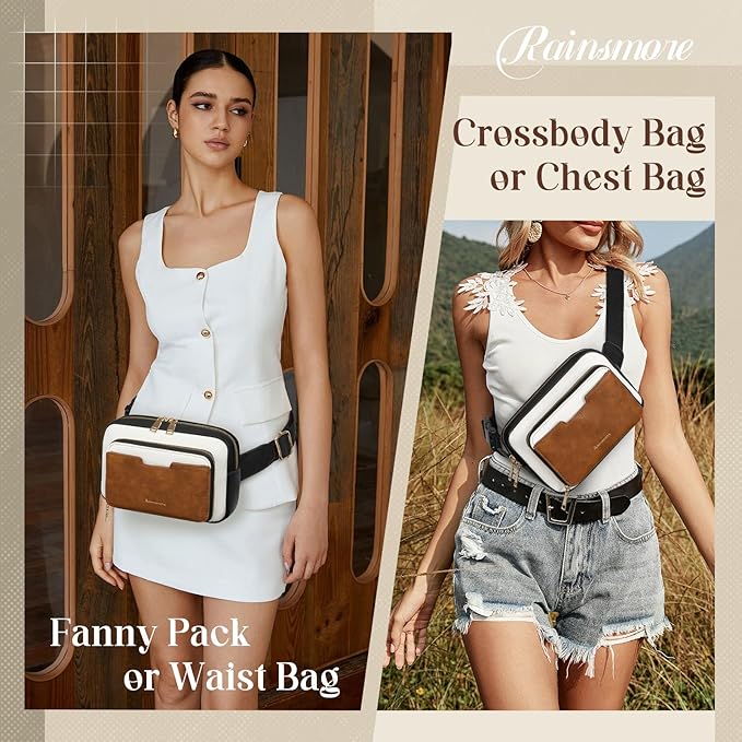 RAINSMORE Fanny Packs for Women, Leather Belt Bag Waterproof Everywhere Crossbody Waist Pack with Adjustable Strap Retro Sling Chest Bag for Work Running Travel Party, Black and Brown with White