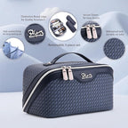 BOYATU Travel Makeup Bags for Women: Large Capacity Make up Bag with Wide Opening - 3 Pcs Set Waterproof Travel Toiletry Organizer for Full-Sized Bottles, Cosmetics & Brushes (Blue-W)