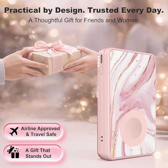 5-in-1 Magnetic Power Bank, 5000mAh Portable Wireless Charger with Mirror, Stand, Bluetooth Remote & Card Holder, MagSafe Compatible Travel Essential for iPhone & Samsung, USB-C Cable Included