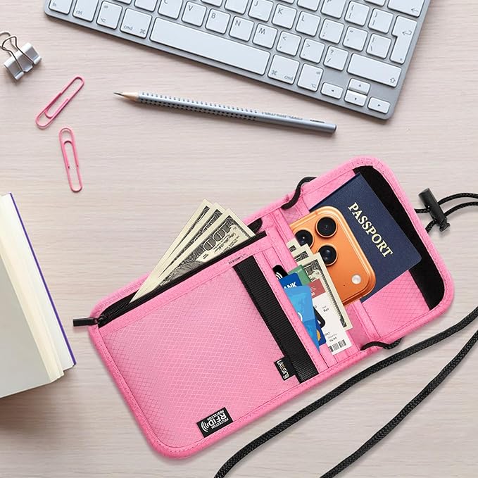 Likesing 5.5" L x 7.9" W Travel Neck Wallet, RFID Blocking Passport Holder for Travel Women Men, Security Lightweight Travel Wallet, Neck Passport Pouch Gifts for Traveling(Pink)