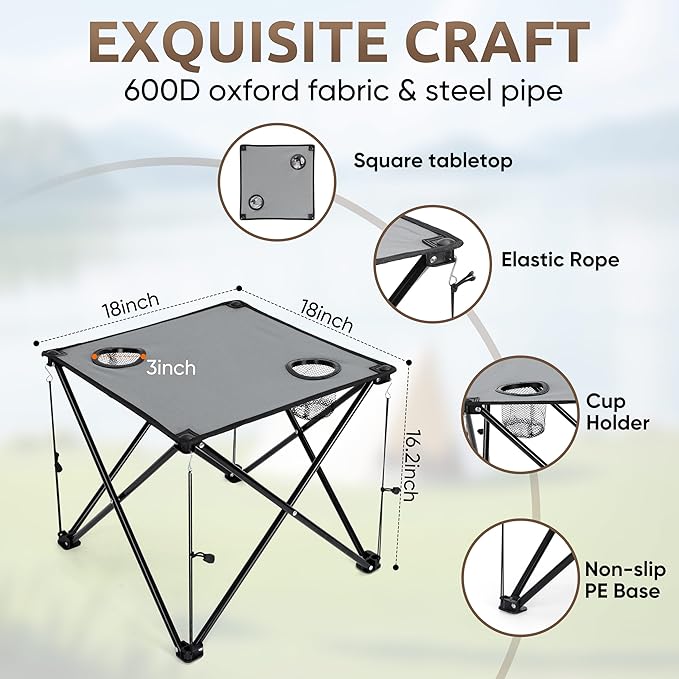 HaSteeL Folding Beach Chair Set of 3, Foldable Black Camping Chairs & Grey Table for Outside, Low Beach Chair Portable for Adults Fishing, Picnic, Outdoor BBQ, Cup Holder & Storage Bag