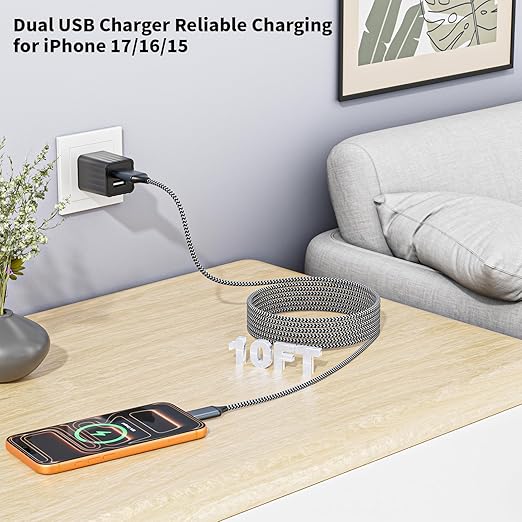 2Pack Fast iPhone Charger[Apple MFi Certified]10FT Dual Port USB Fast Charging Block iPhone 17 USB A-C Braided Cable Cords,Apple Charger Adapter for iPhone 17 Air/16e/17/16/15/15 Plus/Pro/Pro Max/iPad