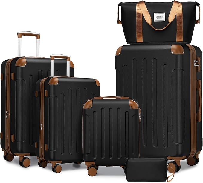6 Piece Luggage Sets with Bags, Lightweight Expandable Checked Luggage Sets, Hardshell ABS Spinner Wheels Carry on Suitcase with TSA Lock, for Travel, Women Men (Black Brown, 18/20/24/28inch+2bags)