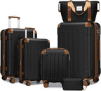 6 Piece Luggage Sets with Bags, Lightweight Expandable Checked Luggage Sets, Hardshell ABS Spinner Wheels Carry on Suitcase with TSA Lock, for Travel, Women Men (Black Brown, 18/20/24/28inch+2bags)