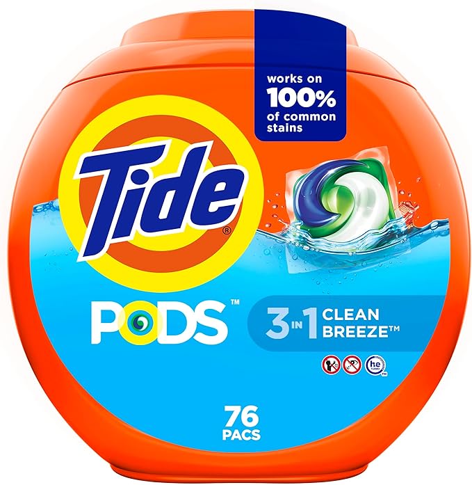 Tide PODS laundry detergent pacs, 3-in-1 Stain Remover, Odor Fighter, Color Protector, 76 Count, HE compatible, Clean Breeze Scent