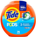 Tide PODS laundry detergent pacs, 3-in-1 Stain Remover, Odor Fighter, Color Protector, 76 Count, HE compatible, Clean Breeze Scent