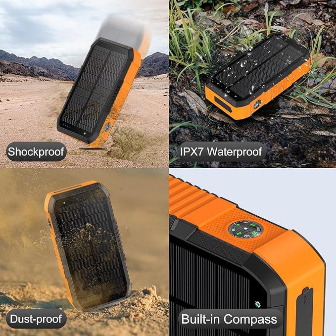 Hand CrankPower Bank 66800mAh and 4 Cables 22.5W Fast Charge Power Bank 5 Outputs & 3 Inputs Solar Portable Charger (Orange)