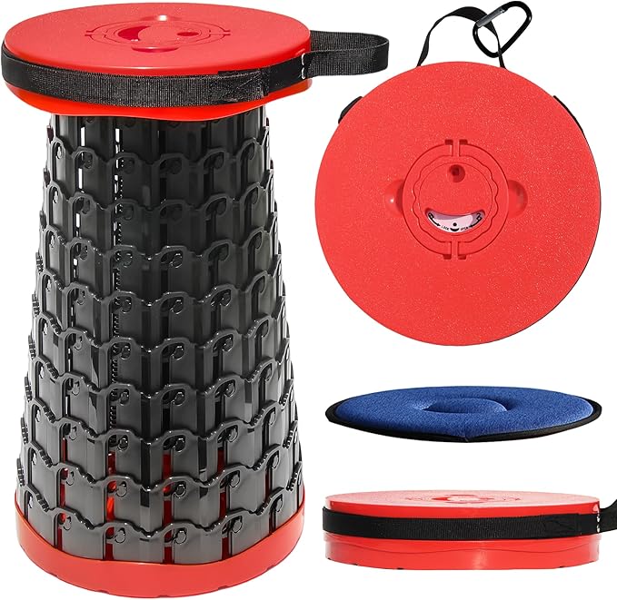 ALEVMOOM Upgraded XXL 50 Portable Collapsible Stool with Cushion,Telescoping Folding Stool for Adults,Yet More Sturdy Camping Stool with Load Capacity 1000lbs,for Outdoor Garden Hiking BBQ Red