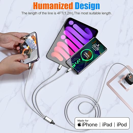 Multi Charging Cable 4ft 3Pack 3 in 1 Charger Cord, Multiple Usb C Port Rapid Nylon Braided Cable USB Charging Cable Multi Phone Charger Cord with Type C Micro Lightning USB Connectors for Cell Phones