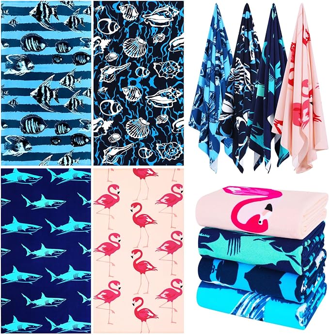 4 Packs Oversized Thin Beach Towel Set XL Extra Large Big 36 x 72 in Clearance Travel Towels Soft Swim Blanket for Adult Women Men Chair Cover Accessories Essentials Shark Flamingo Fish Shell