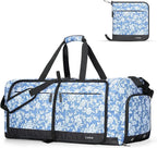 Lekesky Foldable Travel Duffle Bag for Women, Large Duffel Bag with Separate Shoes Compartments & Straps, Carry On Weekend Bag for Women (Blue Floral Print, 80L)