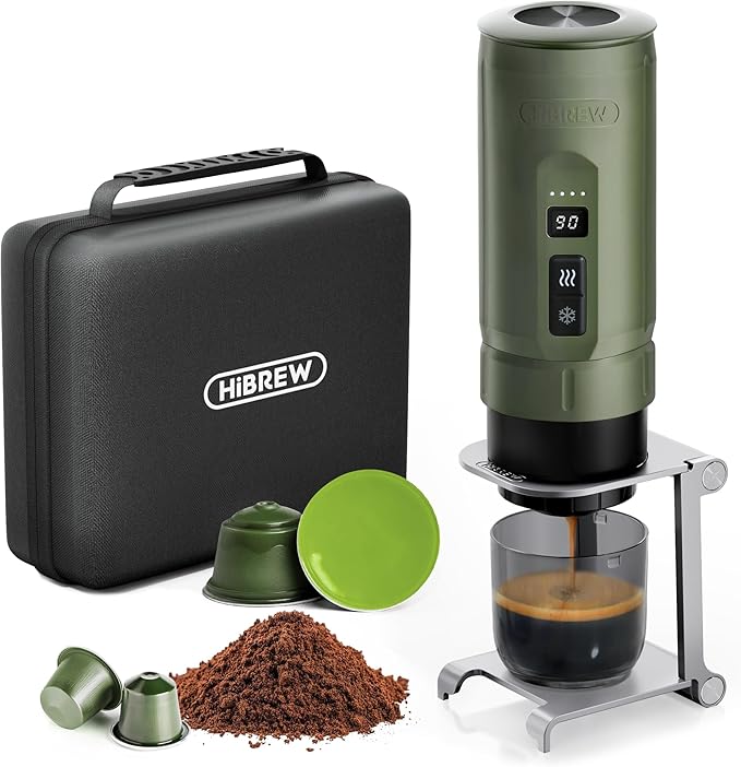 HIBREW H4C Explorer - Portable Electric Espresso Machine, USB-C Rechargeable Coffee Machine for Camping and Travel, Compact for Capsules & Ground Coffee, with Foldable Holder & Carrying Case (Green)