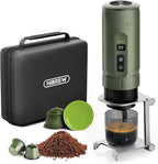 HIBREW H4C Explorer - Portable Electric Espresso Machine, USB-C Rechargeable Coffee Machine for Camping and Travel, Compact for Capsules & Ground Coffee, with Foldable Holder & Carrying Case (Green)