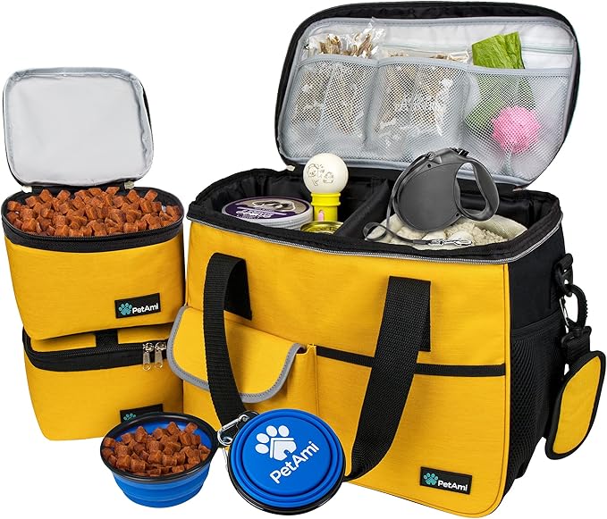 PetAmi Dog Travel Bag, Travel Pet Bag Organizer, Dog Food Travel Bag with Container Collapsible Bowls, Pet Travel Supplies Gift Accessories for Weekend Camping, Puppy Cat Diaper Bag, Yellow Medium