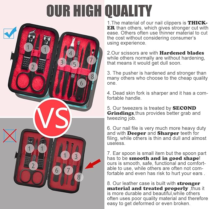 HANTEKAS Manicure Set 9 in 1 Stainless Steel, Nail Clippers Scissors Pedicure Tools Kit - Portable Travel Grooming Kit for Men and Women with Black/Red Leather Case (Red)