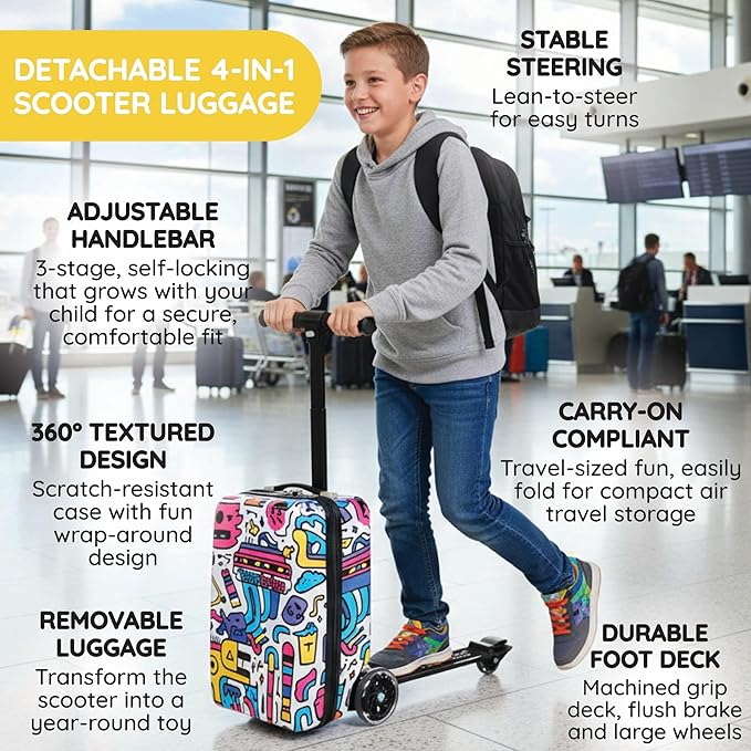 Detachable 4-in-1 Scooter Luggage for Kids – Ride-On Suitcase with Removable Luggage Body, Adjustable Handlebar, Durable Deck & Brake, Carry-On Size – Travel & Play