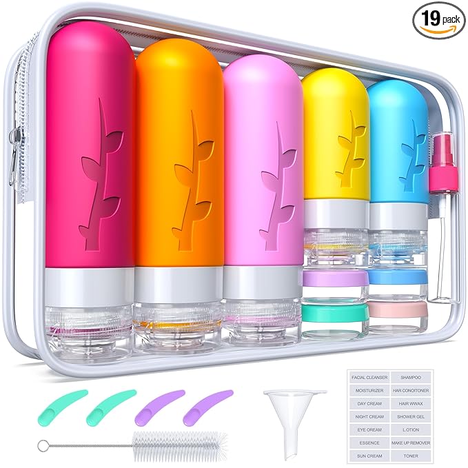 19pack Travel Bottles for Toiletries, TSA Approved Silicone Travel Size Containers for toiletries, Refillable & Leakproof Travel shampoo and conditioner bottles